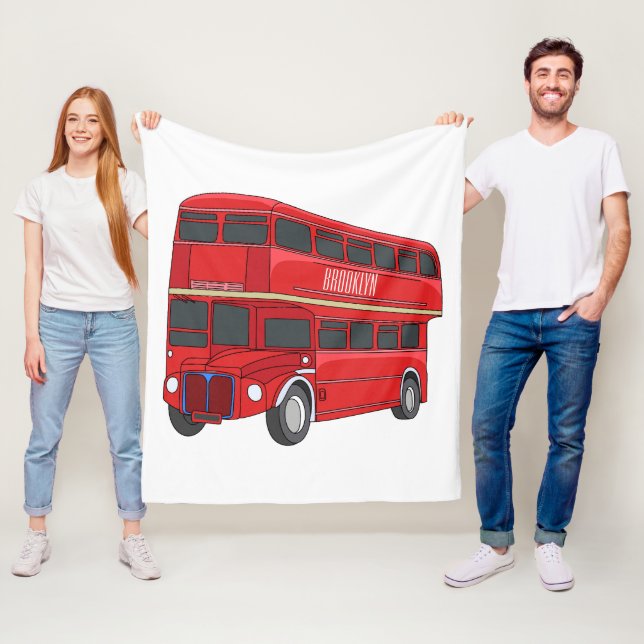 Double-decker bus cartoon illustration fleece blanket (In Situ)