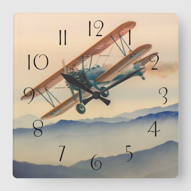 double decker oldtimer propeller plane square wall clock (Front)