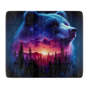 Double Exposure Bear Portrait With Vibrant Sunset Cutting Board