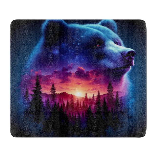 Double Exposure Bear Portrait With Vibrant Sunset Cutting Board (Front)