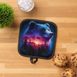 Double Exposure Bear Portrait With Vibrant Sunset Pot Holder