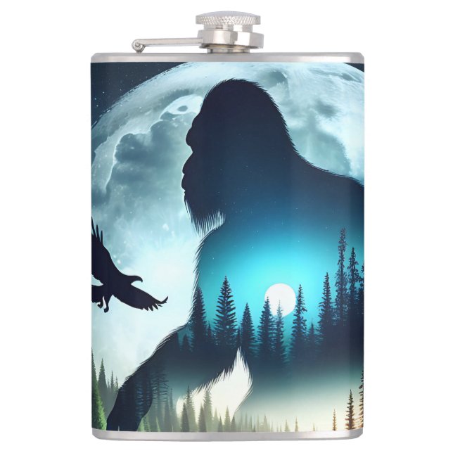 Double Exposure Bigfoot, Eagle and Full Moon Hip Flask (Front)
