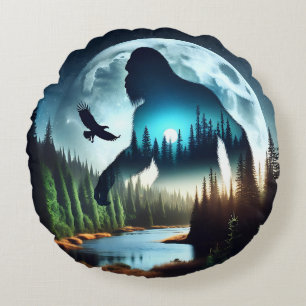 Double Exposure Bigfoot, Eagle and Full Moon Round Pillow