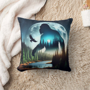 Double Exposure Bigfoot, Eagle and Full Moon Throw Pillow