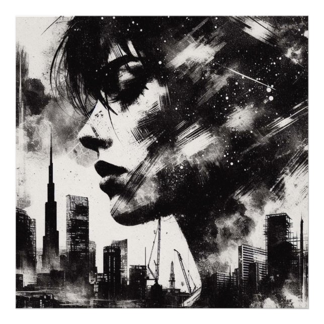 Double Exposure Girl and City Skyline, Black and W Photo Print (Front)