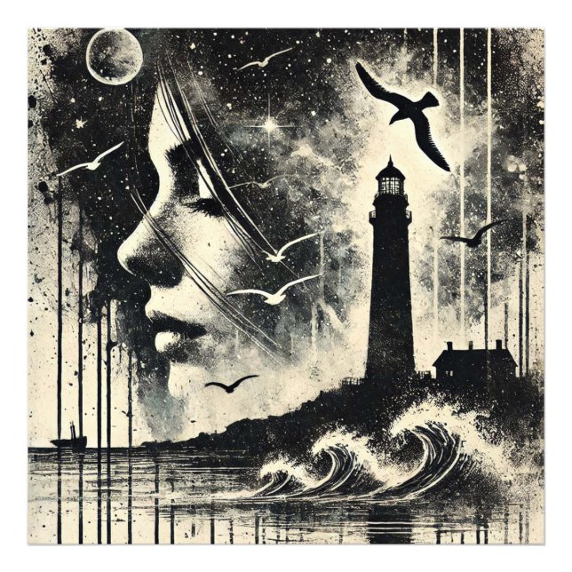 Double Exposure Girl with Lighthouse and seagull Photo Print (Front)
