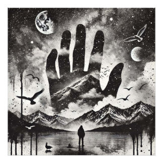 Double Exposure Hand to Mountain Landscape Sky Photo Print