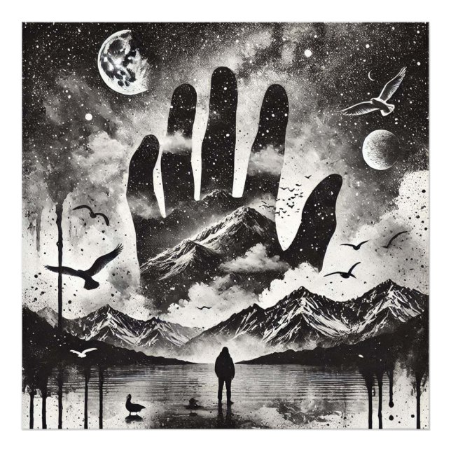 Double Exposure Hand to Mountain Landscape Sky Photo Print (Front)