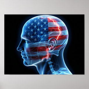 Double Exposure Human Skull and USA Flag Poster
