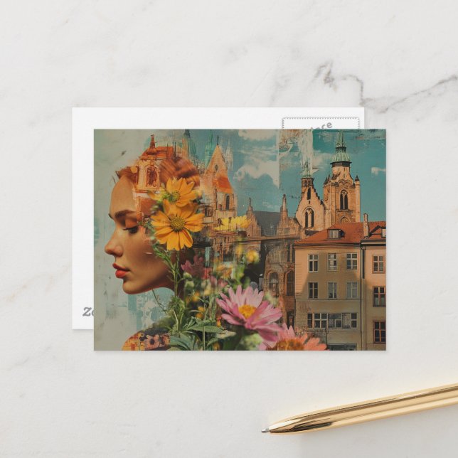 Double Exposure Lady With Flowers and Buildings Postcard (Front/Back In Situ)