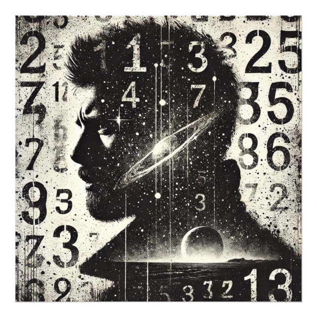 Double Exposure Man Portrait Numbers Letters Sky Photo Print (Front)