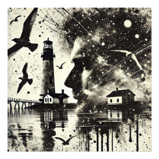 Double Exposure Man with Lighthouse and seagull Photo Print