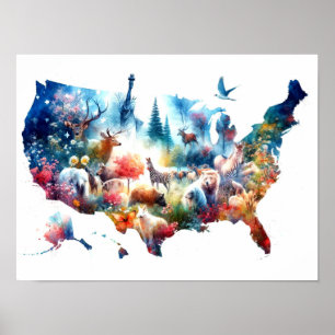 Double Exposure USA Map and Animals Poster