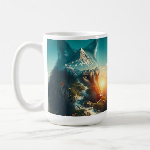 Double Exposure Wolf in Mountains Coffee Mug