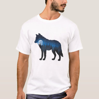 Double Exposure Wolf Silhouette Moonlit and Starry T-Shirt