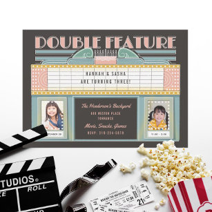 Double Feature Movie Twins Birthday Party Invitation