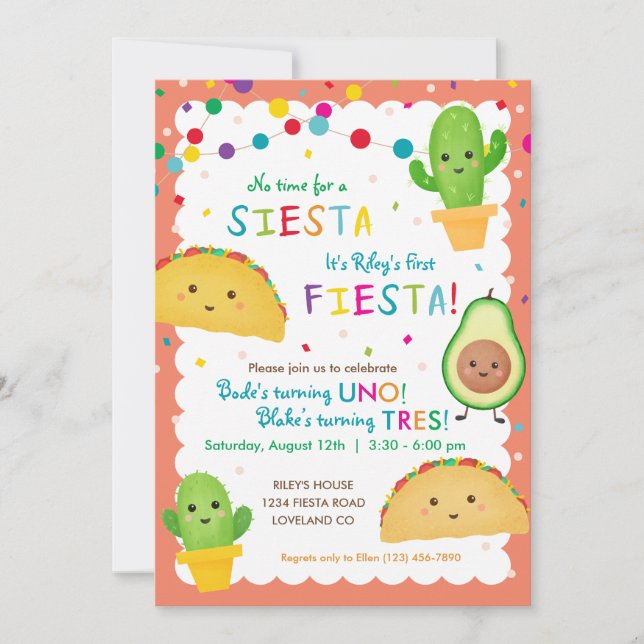 Double fiesta birthday party invitation with taco (Front)