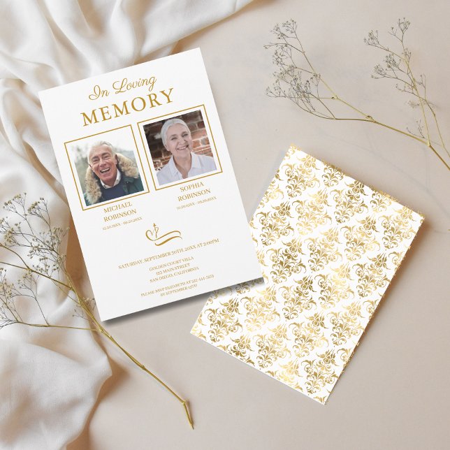 Double Funeral Memorial Photo Gold Script Invitation (Creator Uploaded)