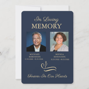 Double Funeral Photo Memorial Modern Blue Gold Invitation