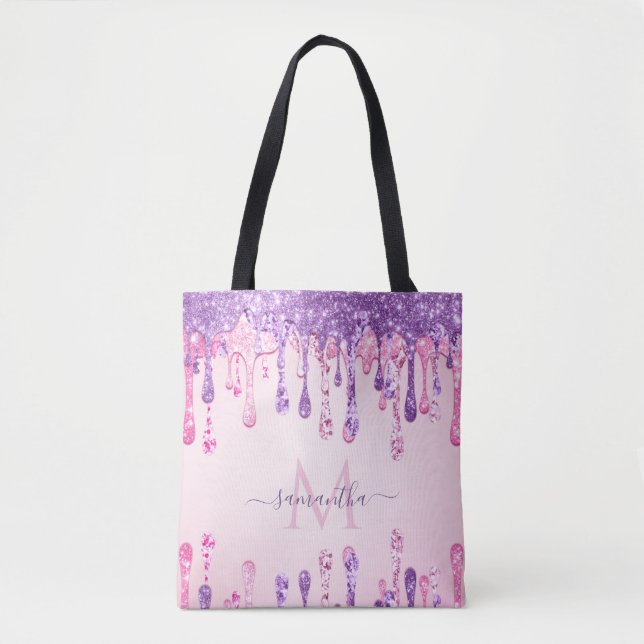 Double Glitter Pink & Purple Sparkle Drip Monogram Tote Bag (Front)