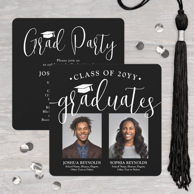 Double Graduation 2 Photos Black White Joint Party Invitation (Creator Uploaded)