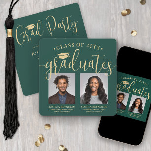 Double Graduation 2 Photos Green Gold Joint Party Invitation