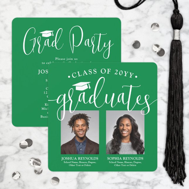 Double Graduation 2 Photos Green Joint Party Invitation (Creator Uploaded)