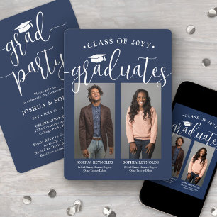 Double Graduation 2 Photos Navy Blue & White Joint Invitation