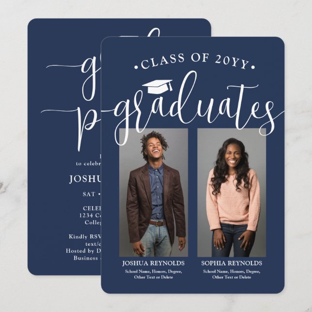 Double Graduation 2 Photos Navy Blue & White Joint Invitation (Front/Back)