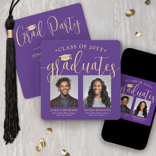 Double Graduation 2 Photos Purple Gold Joint Party Invitation