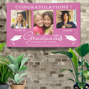 Double Graduation 3 Photo Collage Pink And White  Banner