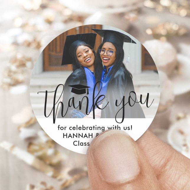 Double Graduation Party Joint Photo Thank You Classic Round Sticker (Creator Uploaded)