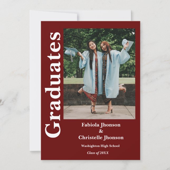 Double graduation  siblings burgundy graduation invitation (Front)