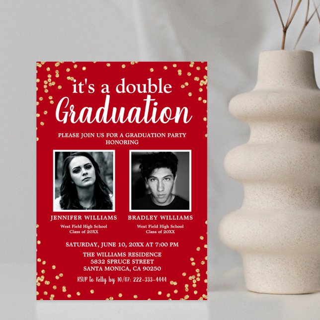Double Graduation Two Photo Graduate Red Invitation (Creator Uploaded)