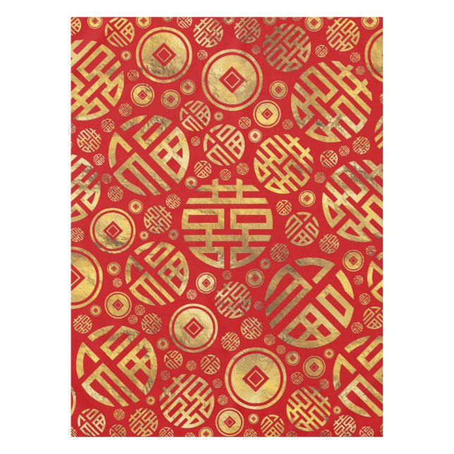 Double Happiness and Chinese coins pattern Tablecloth (Front)