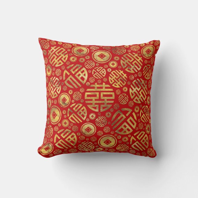 Double Happiness and Chinese coins pattern Throw Pillow (Front)