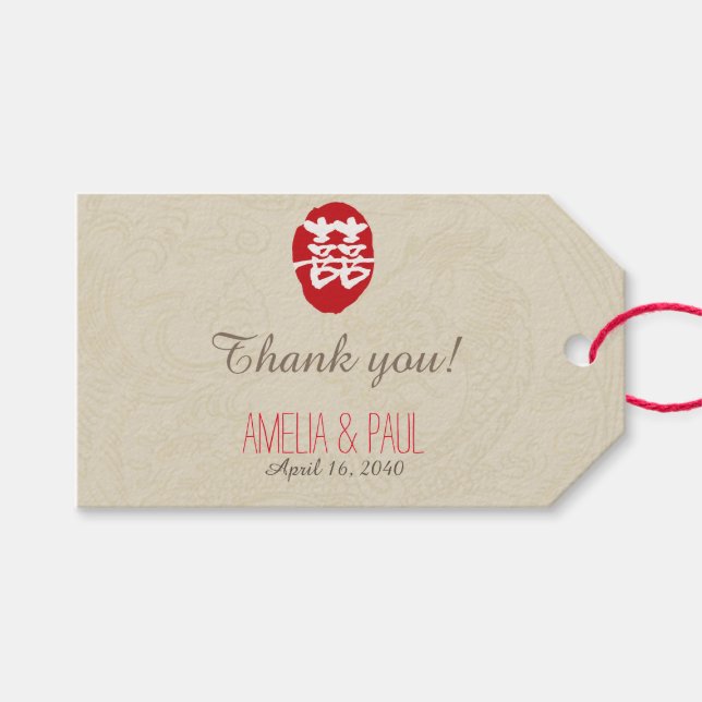 Double Happiness Chinese Wedding Gift Tag (Front (Horizontal))