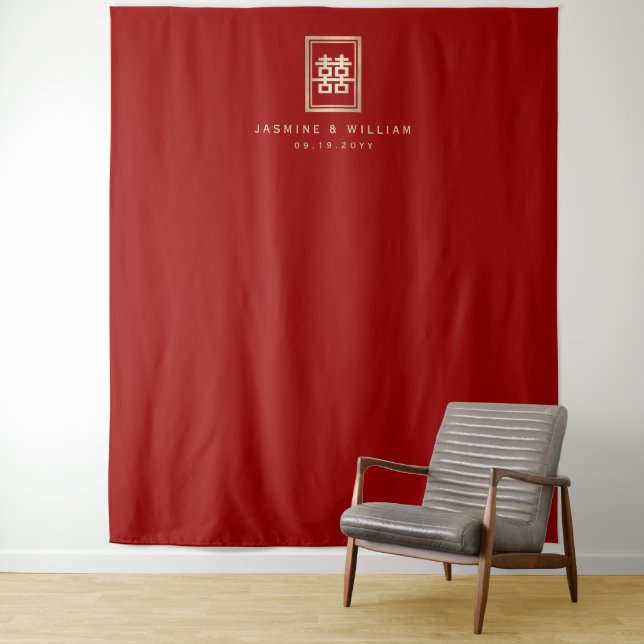Double Happiness Chinese Wedding Photo Backdrop Tapestry (In Situ)