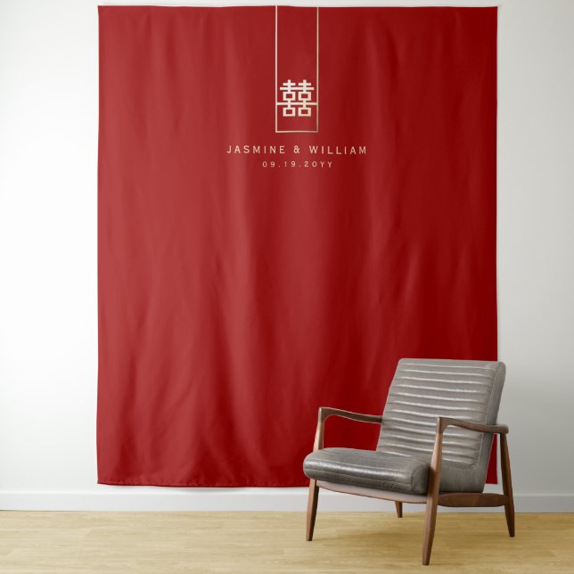 Double Happiness Chinese Wedding Photo Backdrop Tapestry (In Situ)