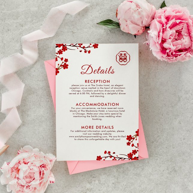 Double Happiness Elegant Chinese Wedding Details Enclosure Card (Creator Uploaded)