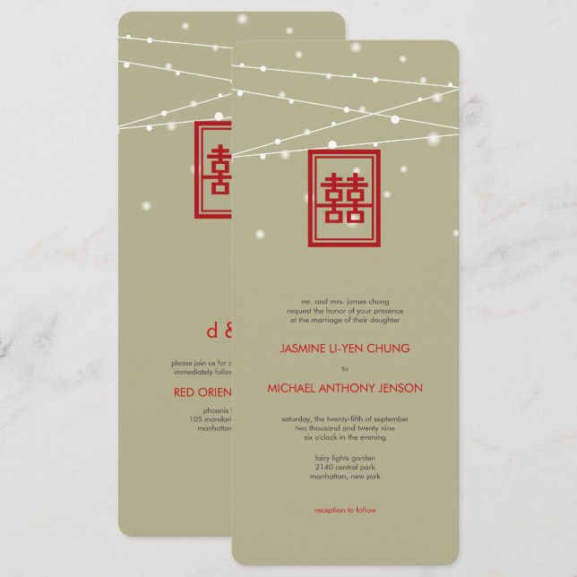 Double Happiness Fairy Lights Chic Chinese Wedding Invitation (Front/Back)
