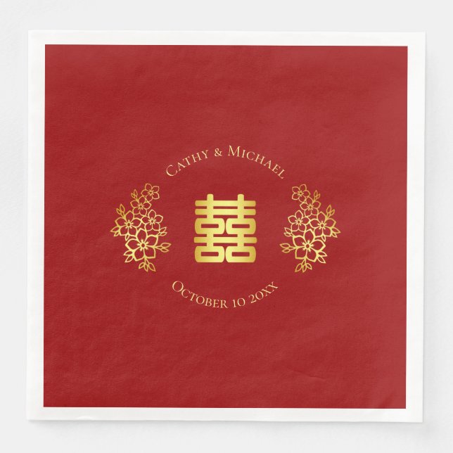 Double happiness floral logo chinese wedding red napkin (Front)