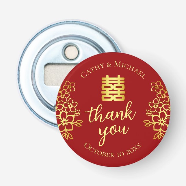 Double happiness floral thank you chinese wedding  bottle opener (Front)