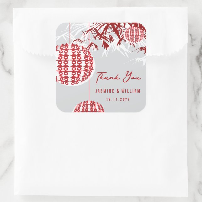 Double Happiness Lanterns & Bamboo Chinese Wedding Square Sticker (Bag)