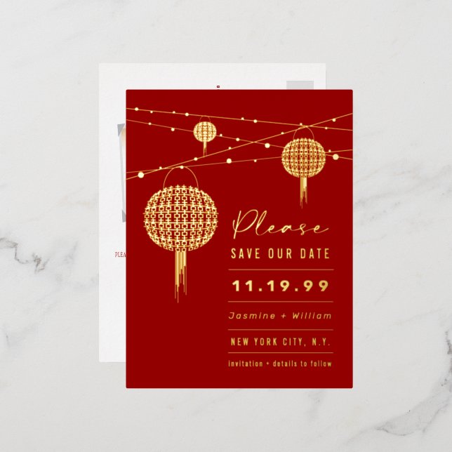 Double Happiness Lanterns Chinese Save The Date Foil Invitation Postcard (Front/Back)