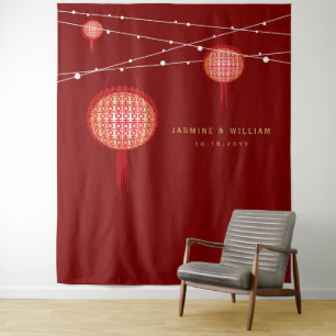 Double Happiness Lanterns Wedding Photo Backdrop Tapestry