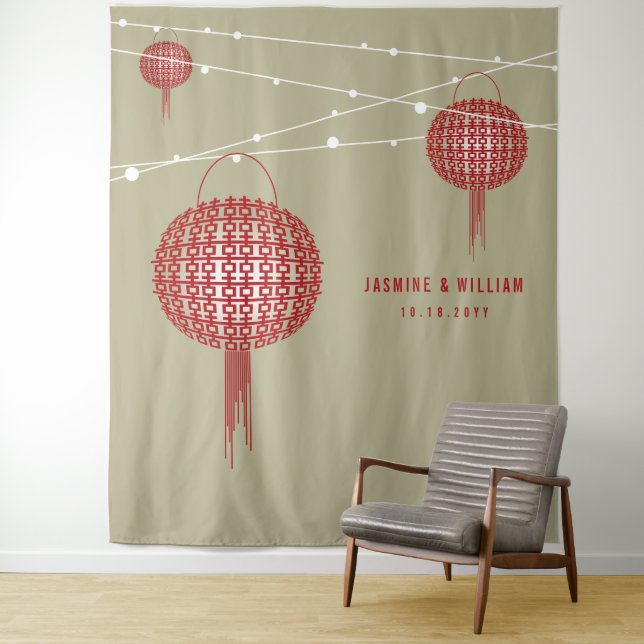 Double Happiness Lanterns Wedding Photo Backdrop Tapestry (In Situ)