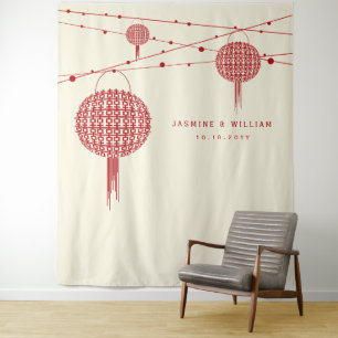 Double Happiness Lanterns Wedding Photo Backdrop Tapestry