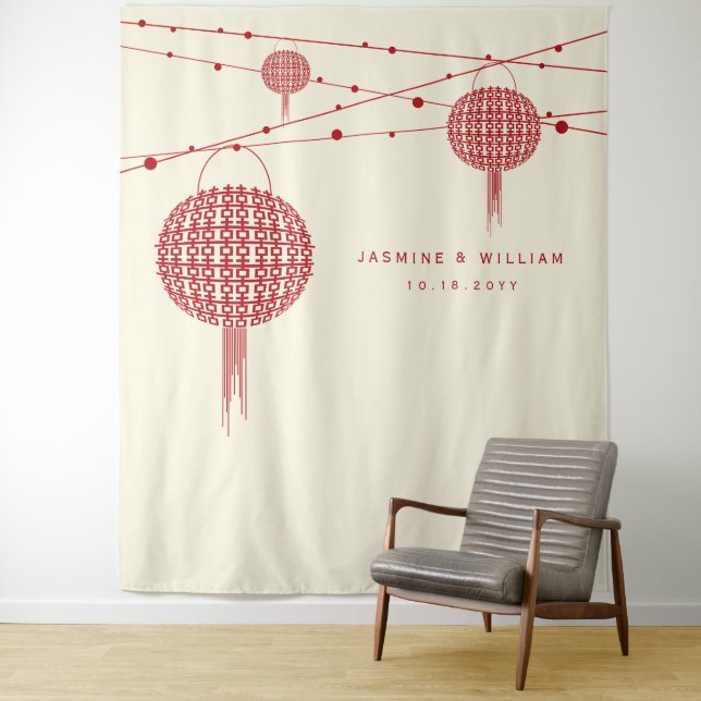 Double Happiness Lanterns Wedding Photo Backdrop Tapestry (In Situ)