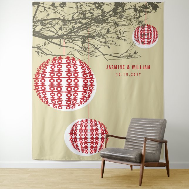 Double Happiness Lanterns Wedding Photo Backdrop Tapestry (In Situ)